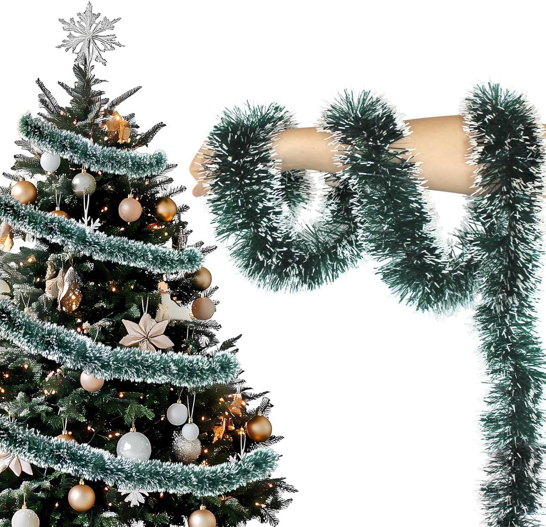 50 Feet Christmas Tinsel Garland, Metallic Twist Garland for Christmas Tree Xmas Indoor Decorations (Green White)