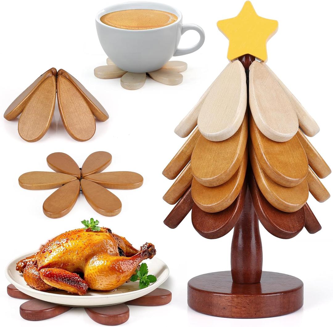 Wooden Trivets for Hot Dishes, Trivet Tree Christmas Tree Trivet Coasters Set of 4 for Hot Pot Pans Bowls Drinks Plates, Table Decor Coaster for Home and Restaurant (Bright-colored)