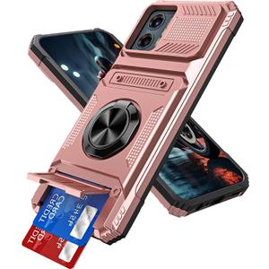 Case for Motorola Moto Edge 5G 2024 with Hidden Card Holder [Store 2 Cards] Magnetic Rotated Ring Kickstand Dual Layer Heavy Duty Shockproof Phone Case for Moto Edge 5G 2024, Rose Gold RJ