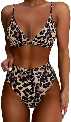 SUUKSESS Women High Waisted High Cut Bikini Set Sexy Triangle Two Piece Swimsuits, L, Leopard