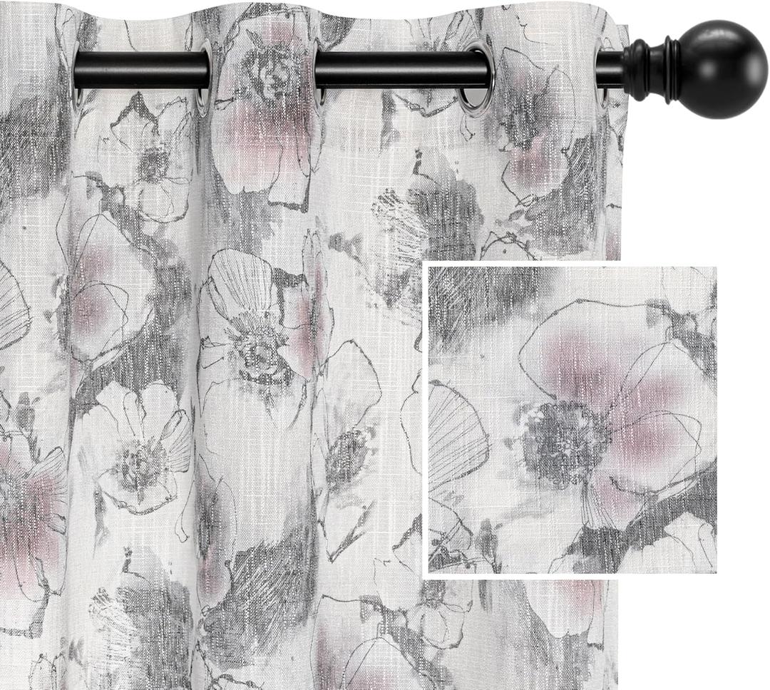 MYSKY HOME Curtains 84 Inch Length Floral Curtains for Living Room Flower Printed Light Filtering Privacy Protect Drapes Set Natural Linen Look Window Drapes Grommet 2 Panels,Pink and Grey