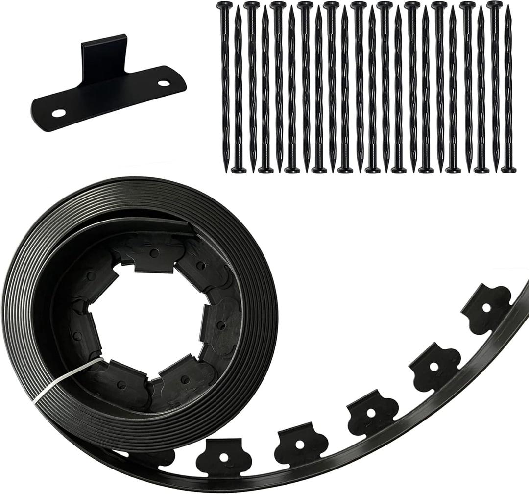 Landscape Edging Kit Black 20 ft Lawn Edging Include 20 Spikes, 2 in Tall Plastic Garden Edging Border for Landscaping, Flower Gardens, Lawn (Black-20ft)