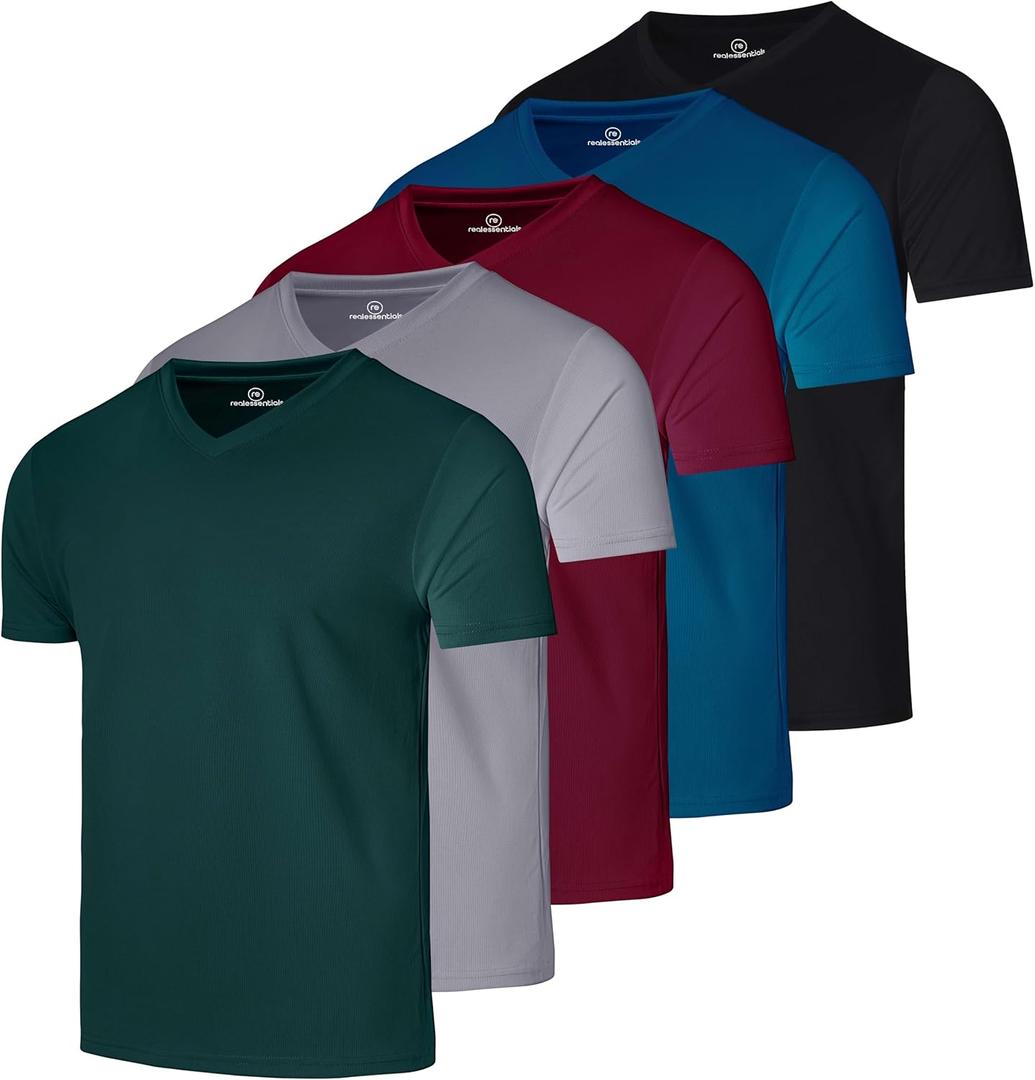 Real Essentials 5 Pack: Men's Mesh Quick Dry Short Sleeve V-Neck T-Shirt - Athletic Performance, (Medium)