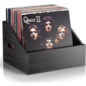 Wood Vinyl Record Storage, Retro & Durable Vinyl Crate and Record Holder, Album Storage Record Case Box for 60+ Records, Perfect Record Organizer for Home Decor and Collection Display(Black)