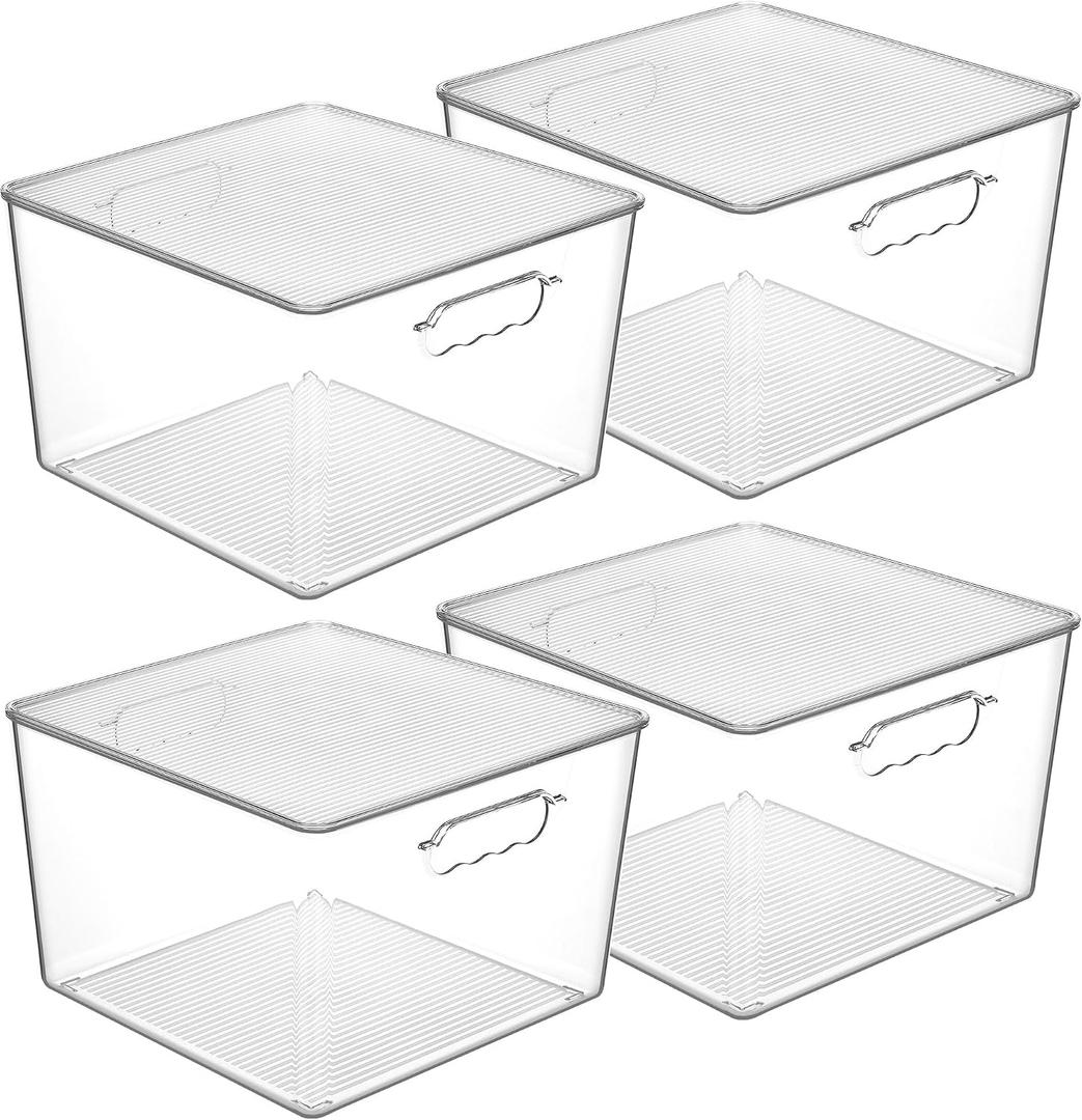 Vtopmart 4 Pack Extra Large Clear Stackable Storage Bins with Lids for Cube | 11in Cube Storage Bins with Handle for Onions and Potatoes, Plastic Containers for Pantry, Freezer, Kitchen, Closet, Bathroom