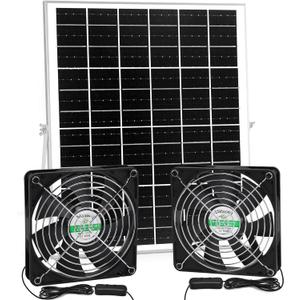 5.5 Inch Solar Powered Fan Kit, 25W Solar Panel with 2 Waterproof Fans for Outside Chicken Coops, Greenhouses, Sheds, Intake or Exhaust Air Fan with 15 FT On/Off Switch Cord