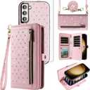 Phone Case for Samsung Galaxy S23 Plus S23+ 5G Zipper Wallet Detachable Cell Cover with Screen Protector Crossbody Strap Bling Flip Credit Card Holder S23plus 23S + S 23 23+ SM-S916U Women Girls Pink