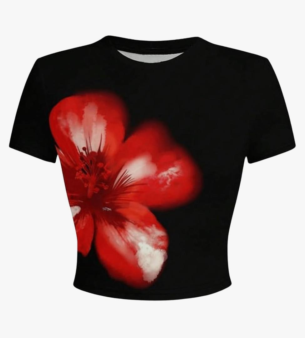 WDIRARA Women's Floral Graphic Tees Crop Tops Short Sleeve Crewneck Y2k Summer T Shirt L