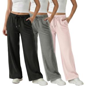 Common Stitch 3 Pack Wide Leg Fleece Lounge Sweatpants for Women Deep Pockets, Relaxed Fit, Elastic Drawstring Waist (Black / Med. Heather Grey / Light Pink), Size: XL