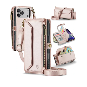 Wallet Case Compatible with iPhone 17 Pro Max 6.9" RFID Blocking 10-Card Holder Soft PU Leather Magnetic Snap Shoulder Strap Zipper Pocket Phone Case Fit for iPhone 17 Pro Max - Rose Gold