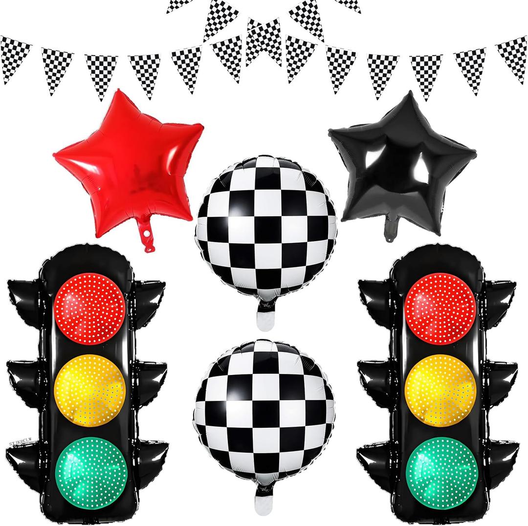Race Car Birthday Party Decorations with Traffic Light Balloons,Automobile Party Decorations for Kids Include Transportation Light Balloons Checkered Pennant Banner Checkered Balloon
