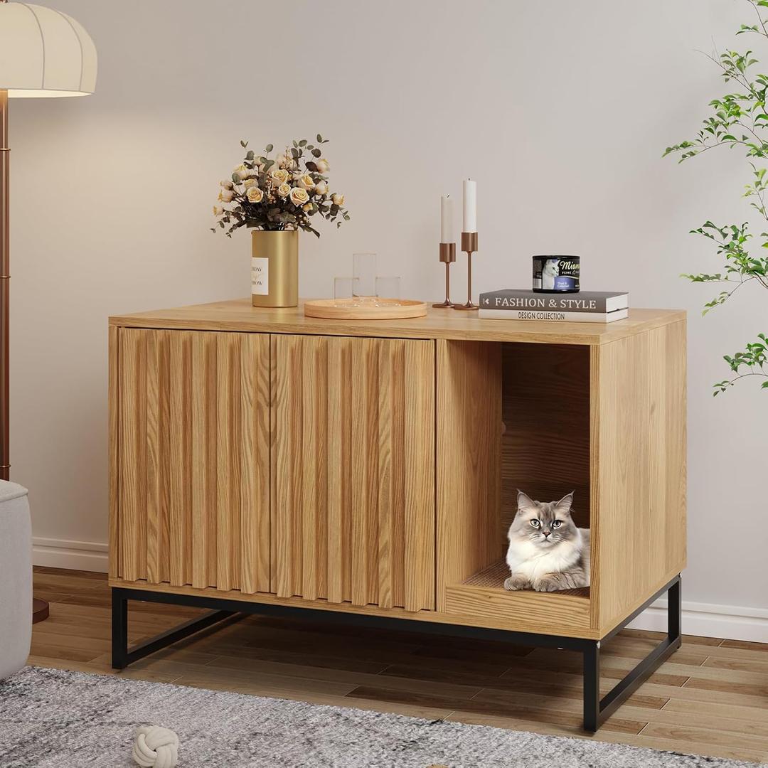 Halitaa Litter Box Enclosure, Modern Cat Litter Box Enclosure Furniture Hidden Litter Box with Scratch Pad, Cat Washroom House End Table, Entryway Bench for Livingroom (Natural)