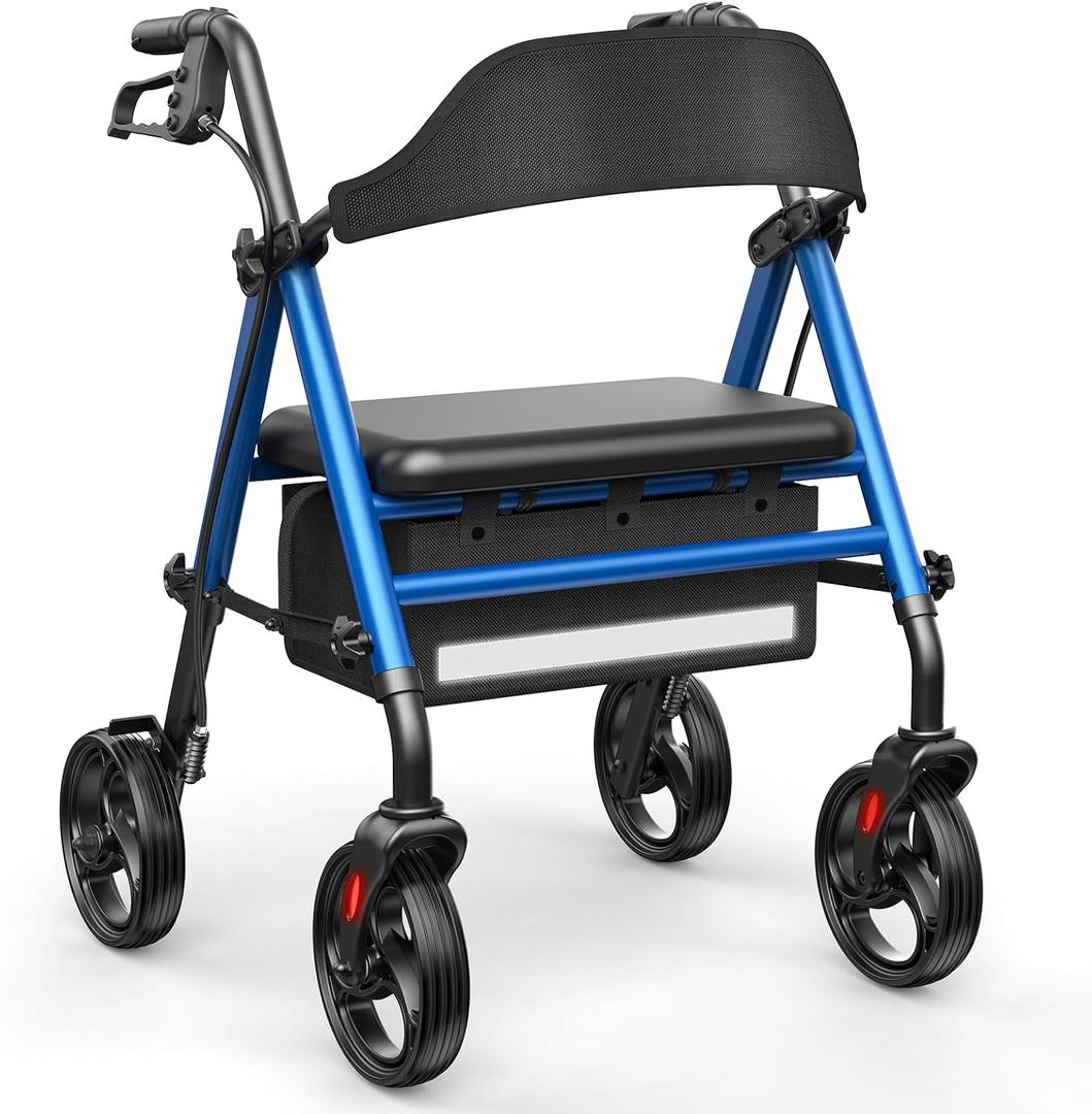 Walkers for Seniors with Seat, Thickened Flat Tube Frame, Foldable Rollator 350 lbs Load, Height Adjustable,8'' Big Wheels, Rolling Walker,Blue