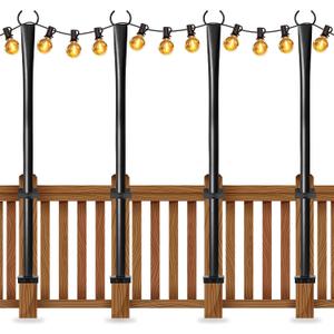 4 Pack String Light Poles for Deck, 5Ft Heavy-Duty Metal Deck Light Poles for Outside with Fixing Clips, Lighting Hanging Post Accessories for Patio Decor Garden Backyard Yard Fence Porch Decorations
