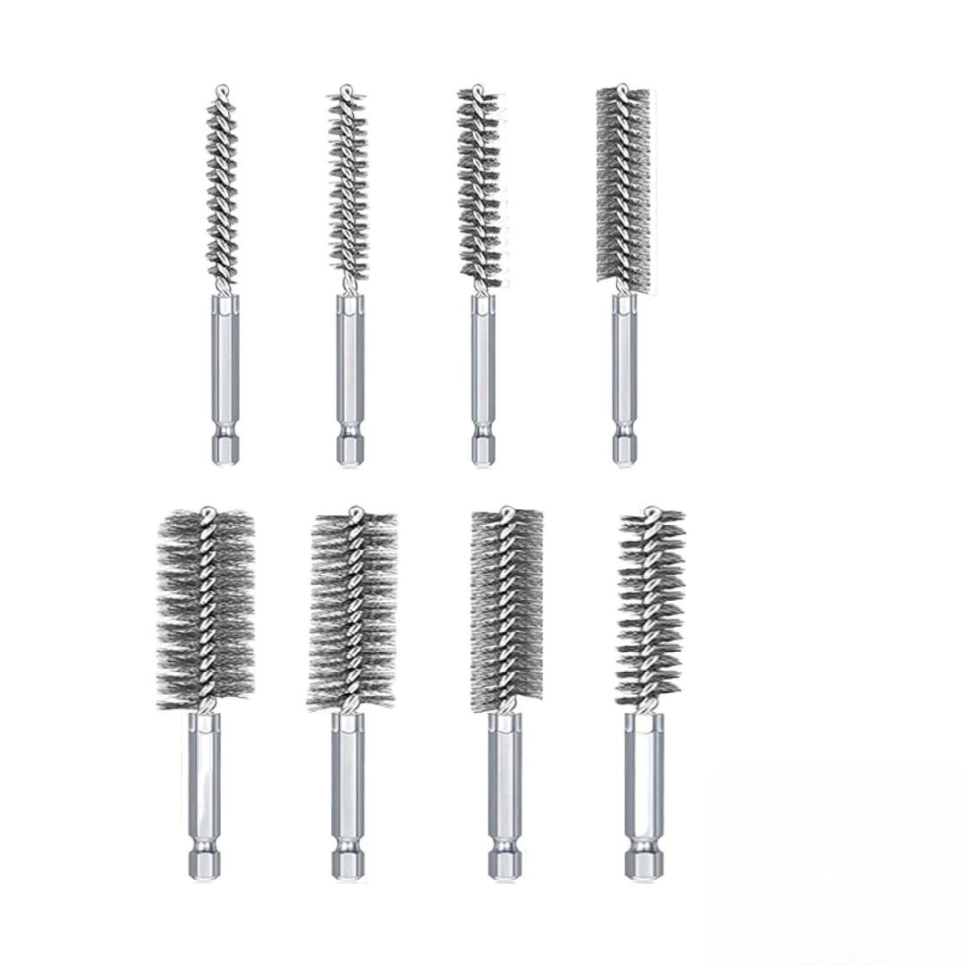Stainless Steel Bore Brush, Metal Bristles Twisted, 8pcs Wire Brush for Drill 8 Size Set Multiple Diameter Options 1/4 Inch Hex Shank