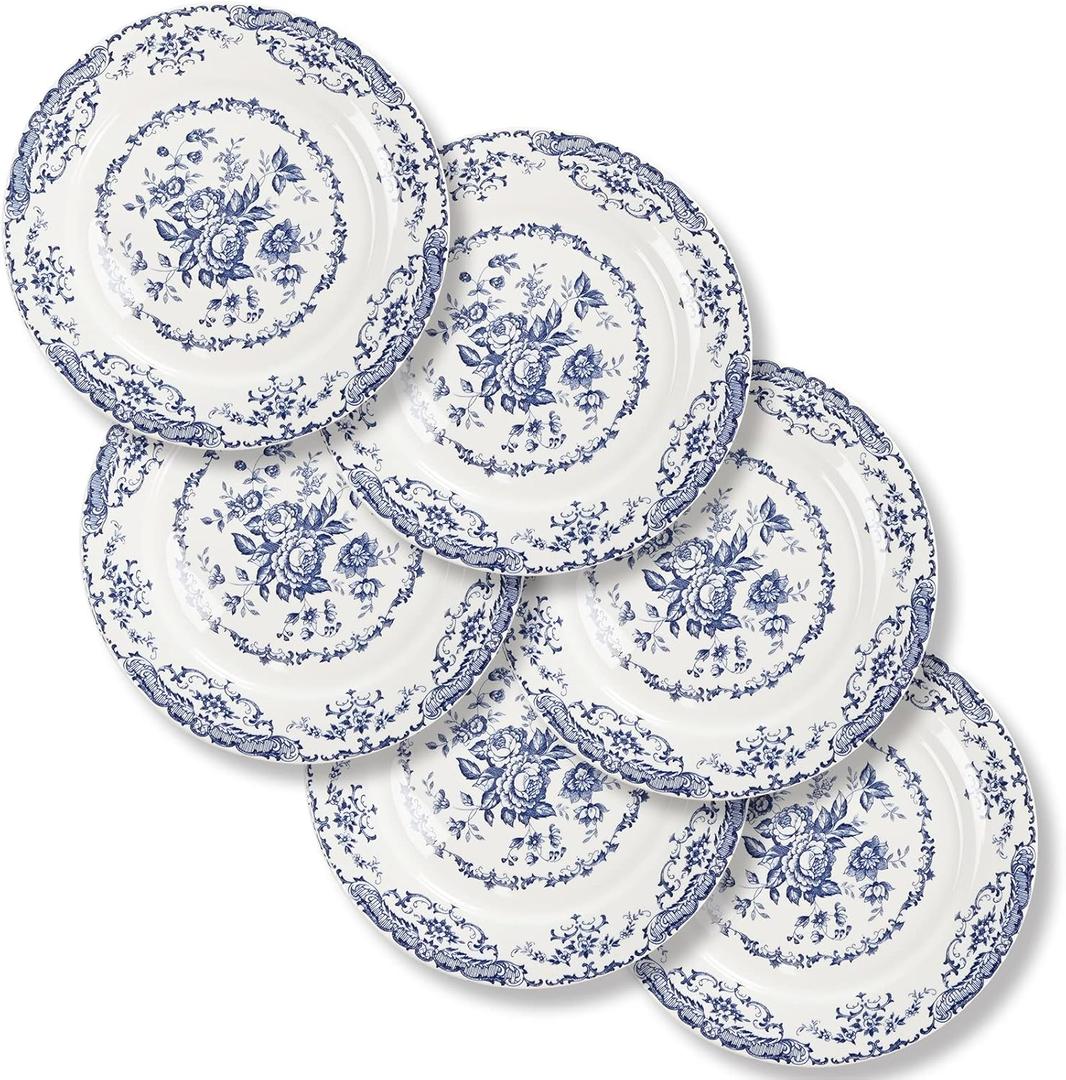 HomeElves Salad Plates, Ceramic Plates Set of 6, Kitchen Plates Microwave Safe, 8.5 Inch White Plate Dessert Blue Floral