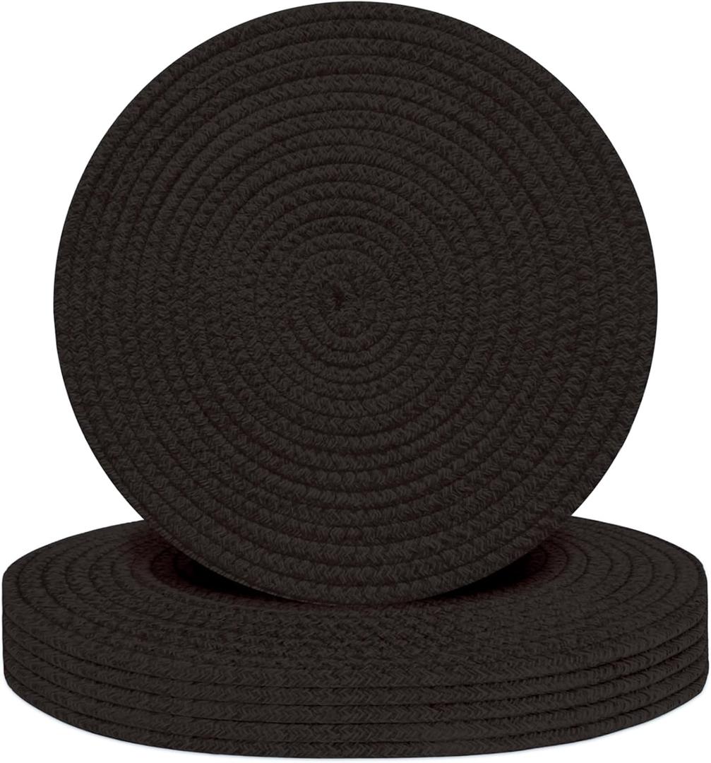 Round Placemats Set of 6, Cotton Rope Woven Table Mats, Hot Pads for Kitchen, Non Slip Heat Resistant Place Mats, 13 Inches Braided Placemat for Farmhouse Decor and Kitchen Table Decor (Black)