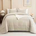 Sanracie Oversized King Comforter 120 * 120, Cotton Comforter King Size Extra Large, Wheat Pinch Pleated Bed Set Linen Feel Textured 3pcs Soft Lightweight Neutral Oversized King Bedding (Wheat)