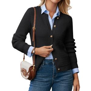 GRACE KARIN Knit Cardigan Sweaters for Women Long Sleeve Ribbed Button Up Sweater 2026 Spring Casual Jacket (Black, L)