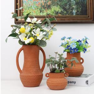 Terracotta Vases Set, Farmhouse Ceramic Vases for Flowers, Wide Mouth Rustic Home Decor for Living Room, Table, Shelf, and Accessories (3) (3 Piece Set)