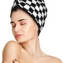 Black and White Checkerboard Hair Towel Wrap Microfiber Fast Drying Hair Turban with Buttons for Women Men Drying Curly, Long & Thick Hair