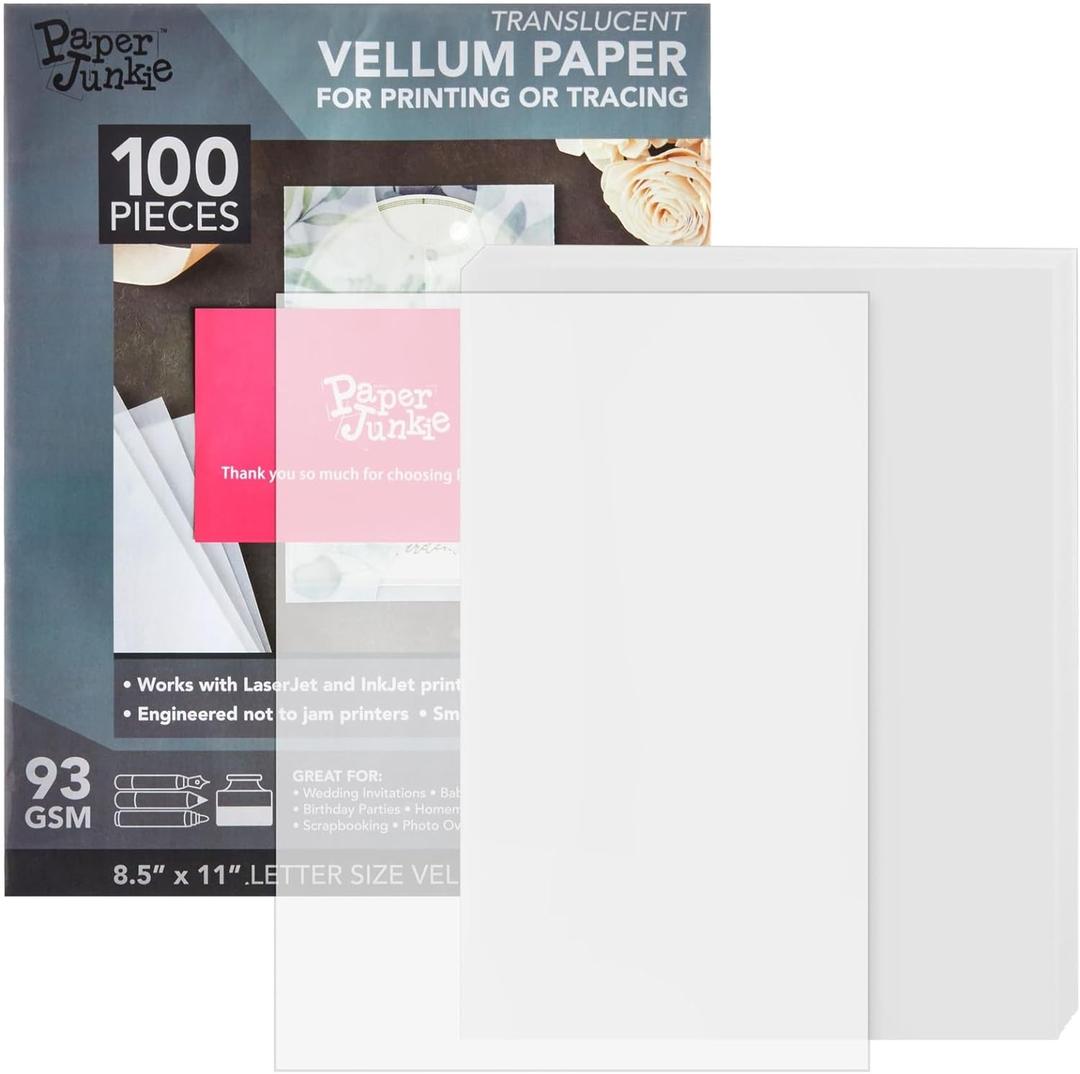 100 Sheets 8.5 x 11 in Translucent and Printable Vellum Paper for Invitation, Sketching & Card Overlays (93gsm/63lb) (8.5x11 inches)