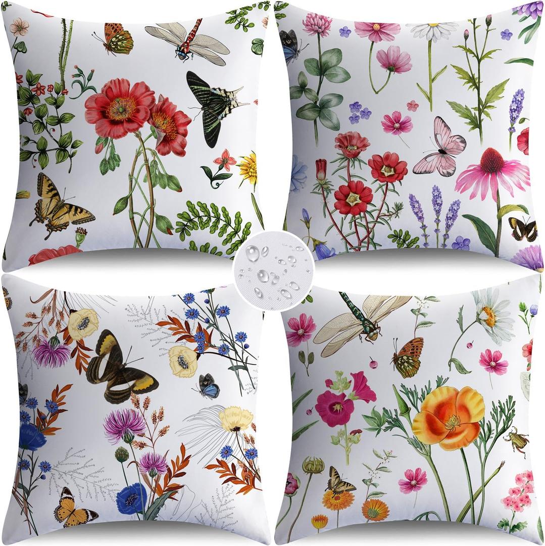NIGHTWISH Outdoor Waterproof Pillow Covers 18x18 Set of 4 Spring Summer Floral Decorative Outdoor Throw Pillows Farmhouse Cushion Cases for Patio Furniture Bench Couch Sunbrella