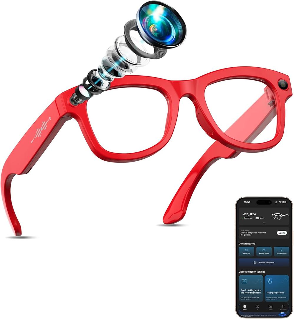AI Smart Glasses with Camera Stabilization - 8MP POV Video Recording, Real-Time AI Translation, Smart Assistant, Dual-Mic Noise Canceling for Travel & Meetings - Anti-Blue Light, Red Frame