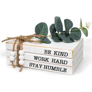 3 Pieces Wooden Decorative White Books, Rustic Farmhouse Faux Books for Coffee Table Shelves with Wood Bead Tassels and Leaves, 7'x 4.6'x 2.5' (Be Kind, Work Hard, Stay Humble)