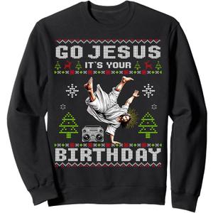 Break Dance Go Jesus It's Your Birthday Ugly Christmas Sweatshirt Size L