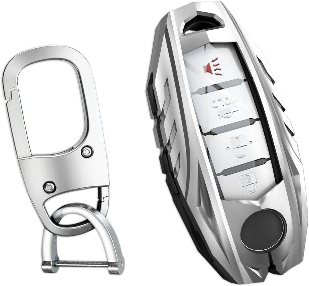 for Nissan Key Fob Cover,Keychain,Zinc Alloy Protection Car Key Shell Case Compatible with Nissan Infiniti Holder Smart Remote Keyless Keyshell Accessories(Style A Silver)