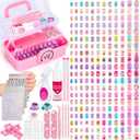 480 Pcs Kids Nails and Glue, Girls Press ons Nail Art Kit with Storage Case, Fake Nails Adhesive, Remover, Stickers, Glitter Cute Stuff Gift for Girls 8-12 (Pink)
