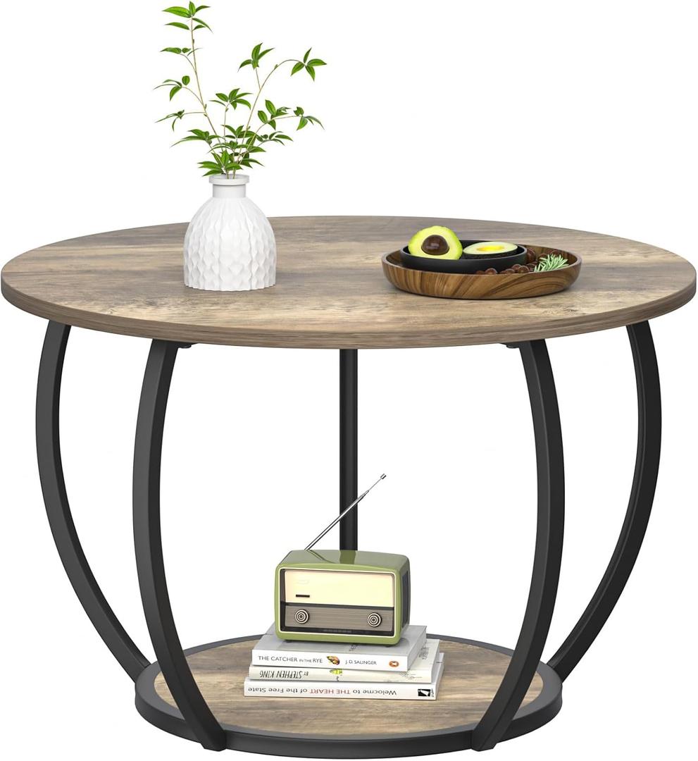 GreenForest Coffee Table Round for Living Room, 27.6 inch 2 Tier Small Tea Tables with Storage, Farmhouse Center Table with Adjustable Feet, Grey Wash