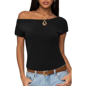 SUUKSESS Women Silk Cashmere Blend Off The Shoulder Tops Summer Lightweight Knit Trendy Sweaters Loose Fit Shirts (Black, S)