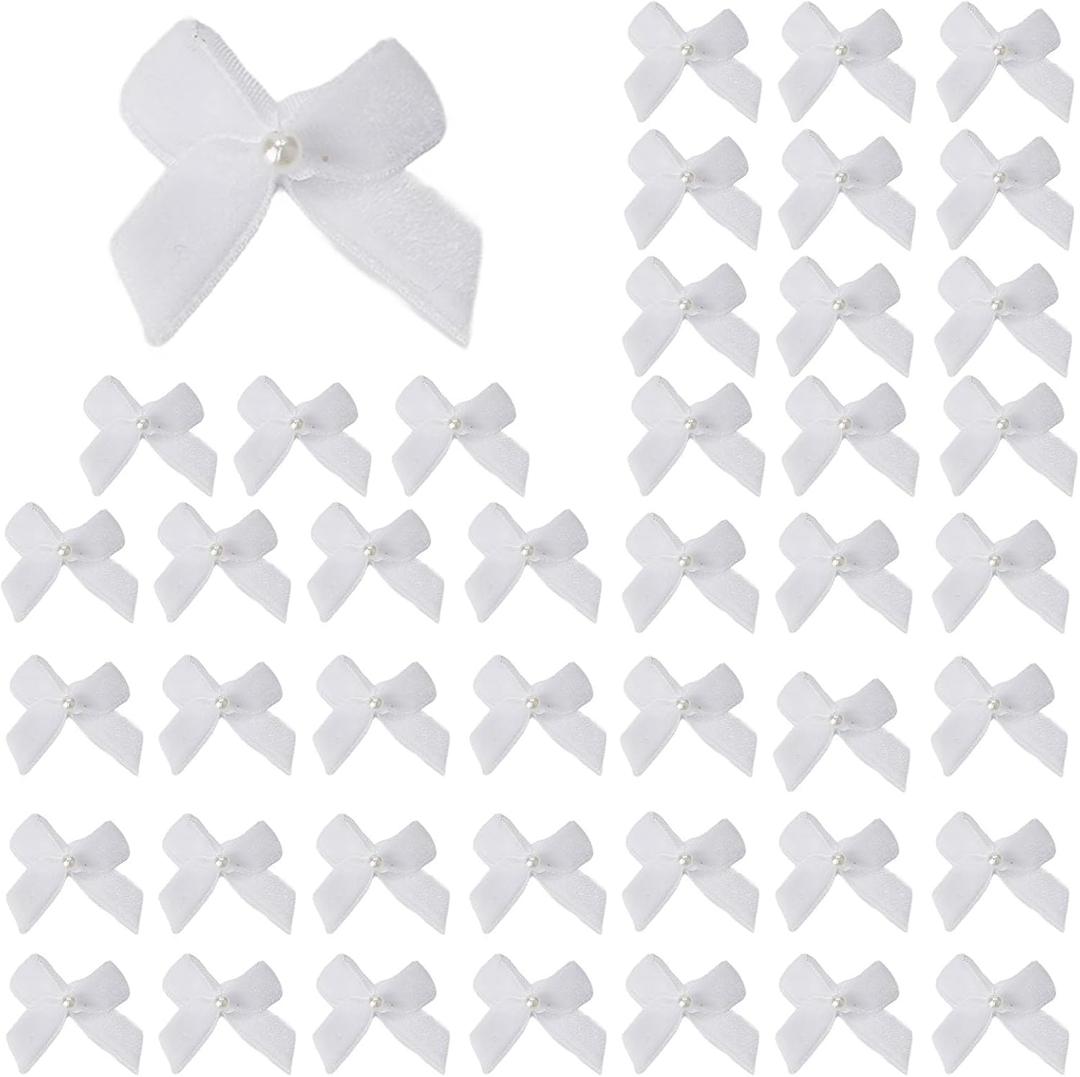 60pcs Mini Velevt Ribbon Bows 1 Inch with Pearl Ribbon Flowers Appliques DIY Craft for Sewing, Scrapbooking, Wedding, Gift,Christmas Decoration(White)