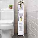 LuiceABC Toilet Paper Holder Stand, Over The Toilet Storage Cabinet for Bathroom, Slim Corner Shelf for Small Space Storage, Small Bathroom Storage Cabinet with Toilet Roll Holder & Door - White (6.69 x 5.9 x 30.7 inch)