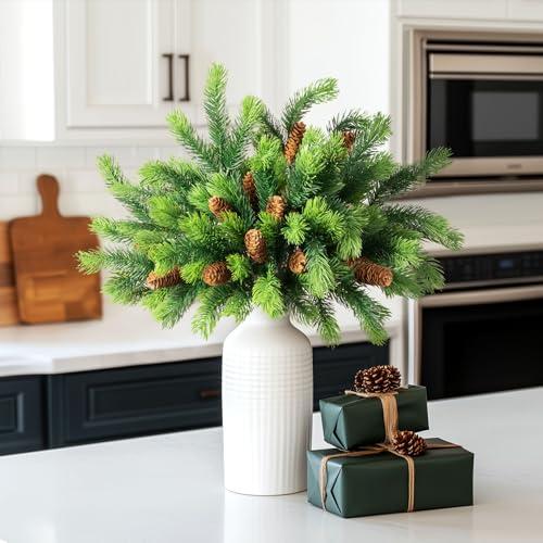 Uqueeten Artificial Christmas Norfolk Pine Stems with Pine Cone Fake Branches for DIY Wreath Christmas New Year Holiday Decor Mantel Decorations Indoor Home Decorations 6PCS 14.9In (No Vase)
