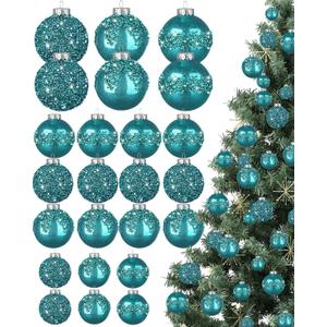 Civaner 24 Pcs Glitter Christmas Ball Ornaments Set 3.2'' 2.4'' 1.6'' Christmas Tree Ornaments Hanging Sequin Shatterproof Balls for Xmas Tree Wreath Garland Xmas Home Decor (Teal)