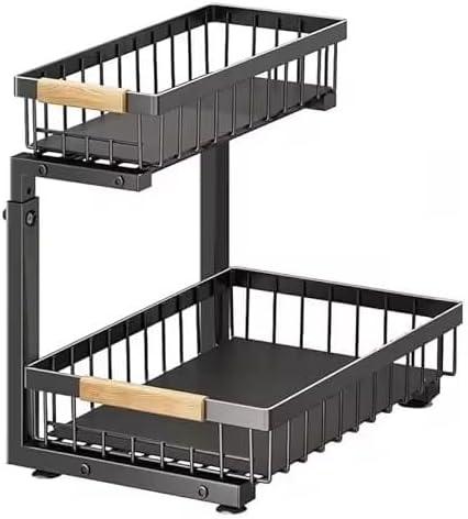 Lumela Under Sink Organizer, 2-Tier Slide-Out Cabinet Organizer Shelf, Height Adjustable Metal Pull-Out Storage Rack with Wood Handle for Kitchen & Bathroom Cabinets (Black)