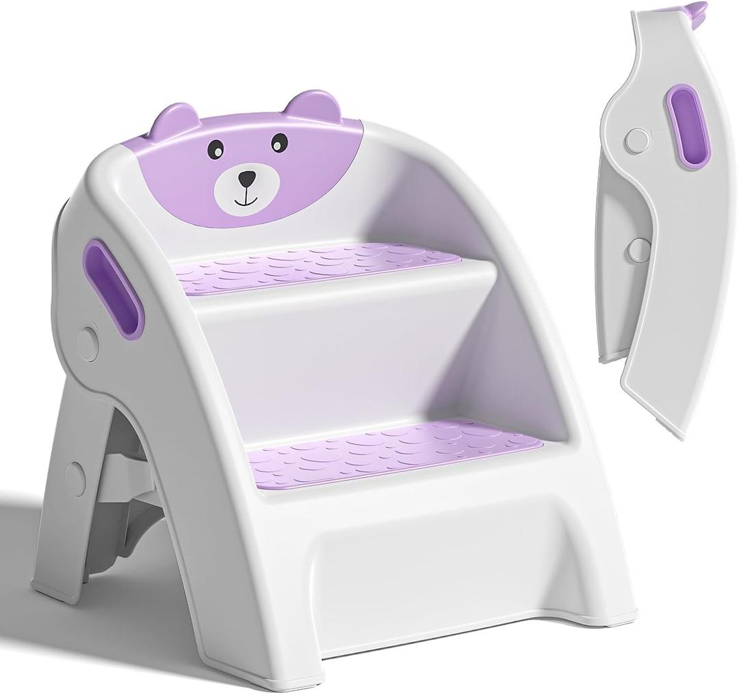Folding Kids Step Stool for Bathroom and Potty Training,Anti-Slip, Anti-Tip A-Frame Design with 10-Second Setup-Potty 2 Step Stool for Toddlers (Purple)