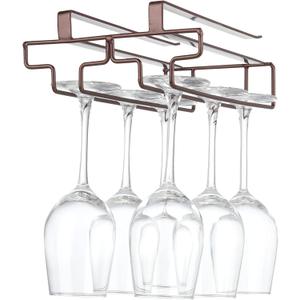 Glass Rack Under Cabinet Drilling Free No Screw Steam ware Holder Under Shelf Metal Glasses Holders 304 Stainless Steel Hanger Storage Organizer Hanging Glass Fit for Bar Kitchen 2 Rows Brown