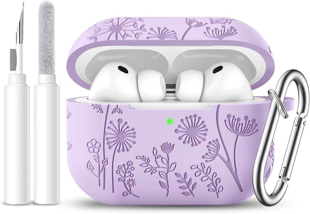 Lerobo for AirPods Pro 3 Case, Cute Floral Engraved Soft Silicone Cover with Keychain & Cleaner Kit Compatible with Apple AirPods Pro 3rd Generation Case 2025 for Women,Full Body Protection,Lavender