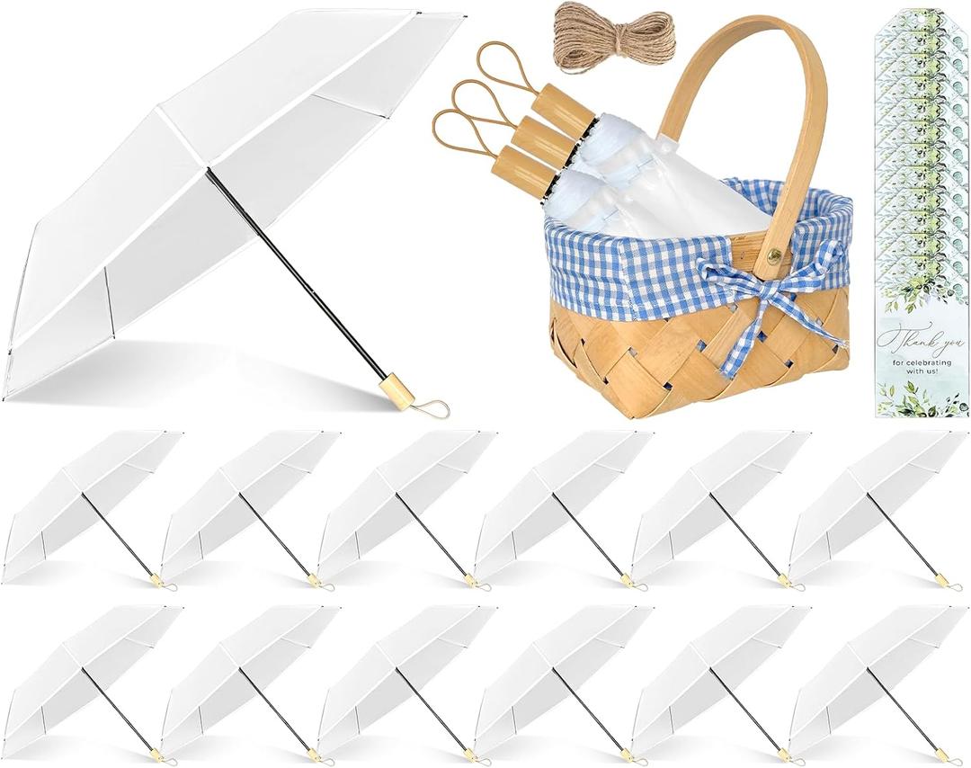 12 Sets 43.3 Inch Wedding Clear Umbrellas Bulk for Rain Large Windproof Stick Umbrellas Set Includes Card Rope for Guests Party Bridal Showers Wedding Photography Various Settings
