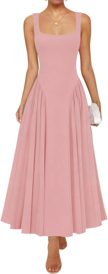 ZESICA Womens 2026 Summer Sleeveless Square Neck Sundress Casual Long Flowy A Line Beach Vacation Maxi Dresses (XL, Greypink)
