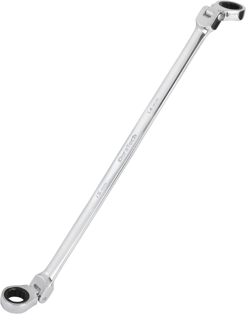 DURATECH 14 * 15 mm Extra Long Flex-Head Ratcheting Wrench, Metric, CR-V Steel