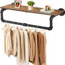 Industrial Pipe Clothing Rack with Top Shelf, Closet Poles for Hanging Clothes, Heavy Duty Iron Garment Racks Wall Mounted, 27.6x10.2x5.9 Inch, Black