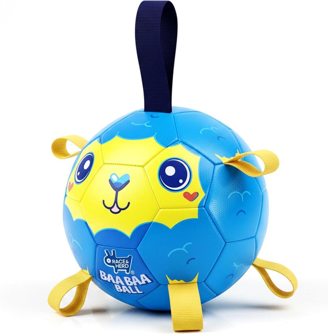Race&Herd 6" Jolly Soccer Ball for Dogs - Tough Durable Dog Ball Toy with Straps, Pet Bouncy Herding Balls for Dogs, Floating Dog Balls with Tags for Water Fetch, BaaBaaBall (Blue)