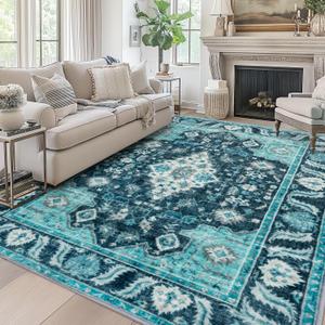Area Rug 8x10 - Malachite Green | for Living Room Soft Machine Washable Low Pile Area Rugs Vintage Boho Bedroom,Dinner Room Non-slip Carpet Rug