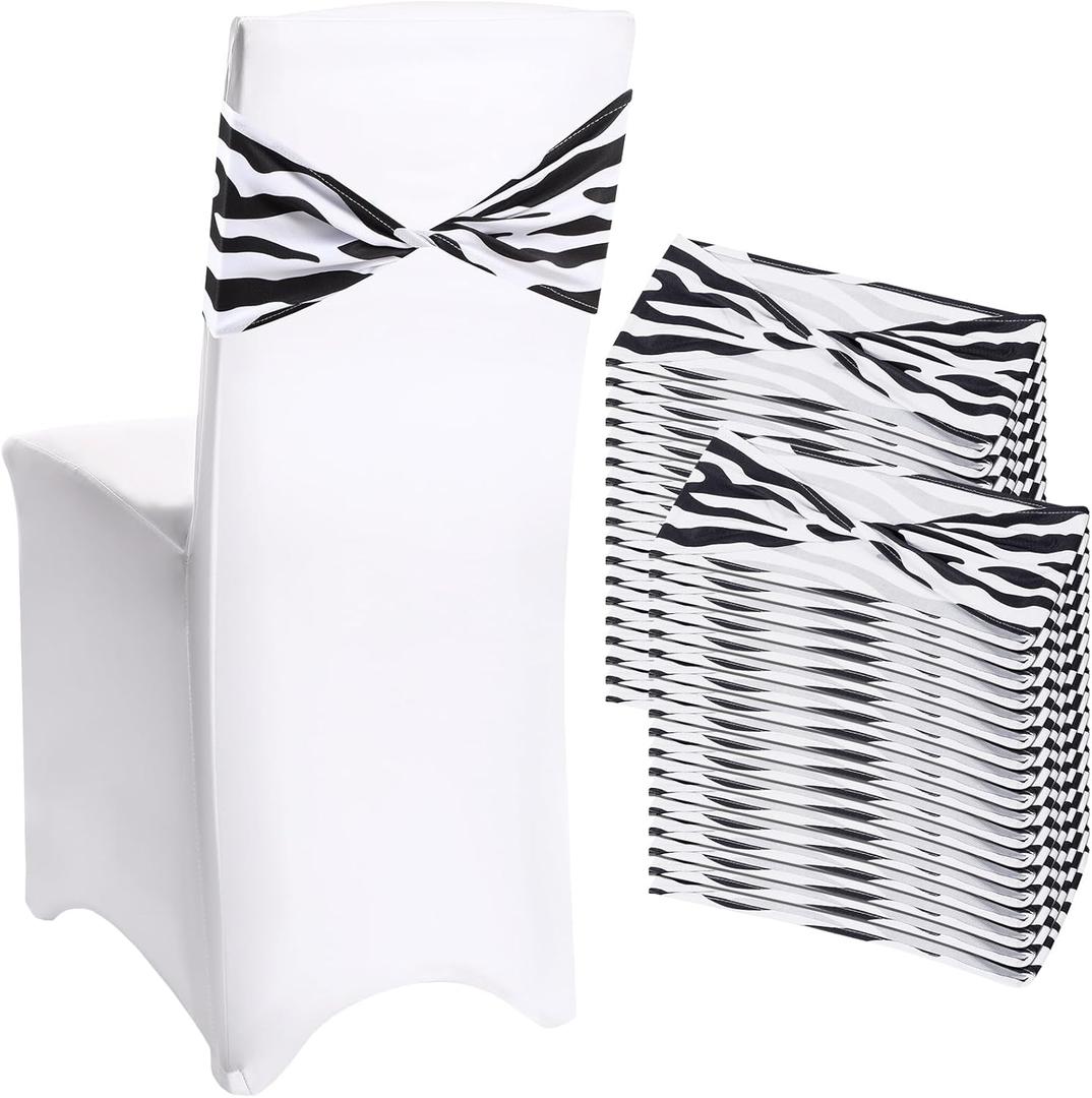 Newwiee 36 Pcs Zebra Stripe Chair Sashes Spandex Zebra Stripe Chair Bands Animal Print Elastic Chairs Sashes Bow Polyester Bands Ties Without Buckle for Animal Safari Theme Party Birthday Decor
