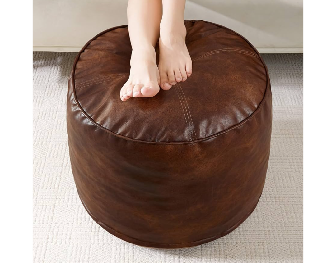 HIGOGOGO Round Stuffed Pouf Ottoman, Pu Leather Poufs with Foam Chunk Filling, Furry and Fluffy Pouf Foot Stool Storage Ottoman, 26 X 18 Floor Poufs Foot Rest for Living Room,Dark Brown